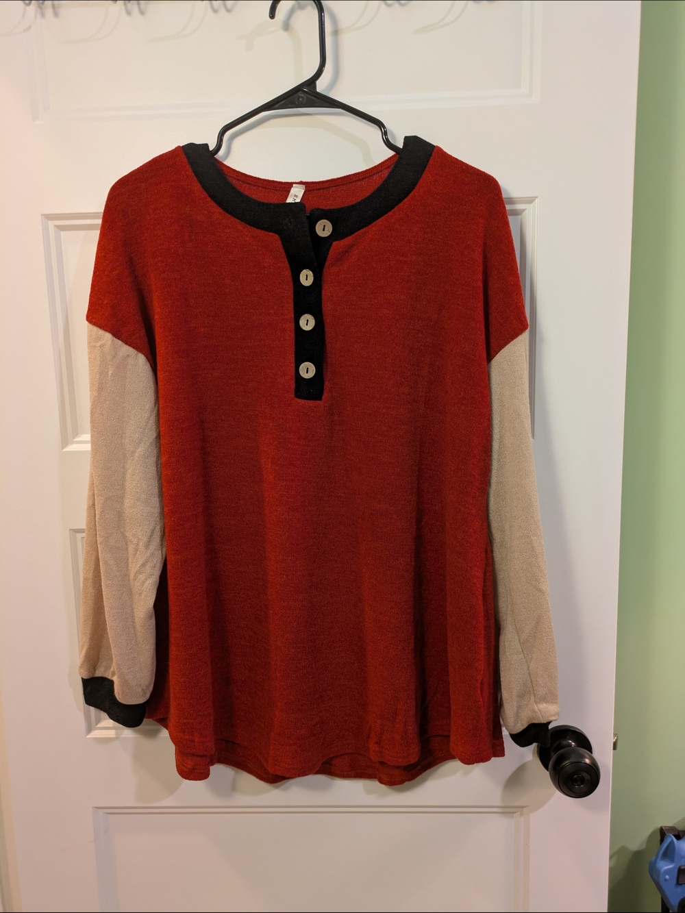 Emerald Rust Red Colorblock Henley Top with Beige Sleeves